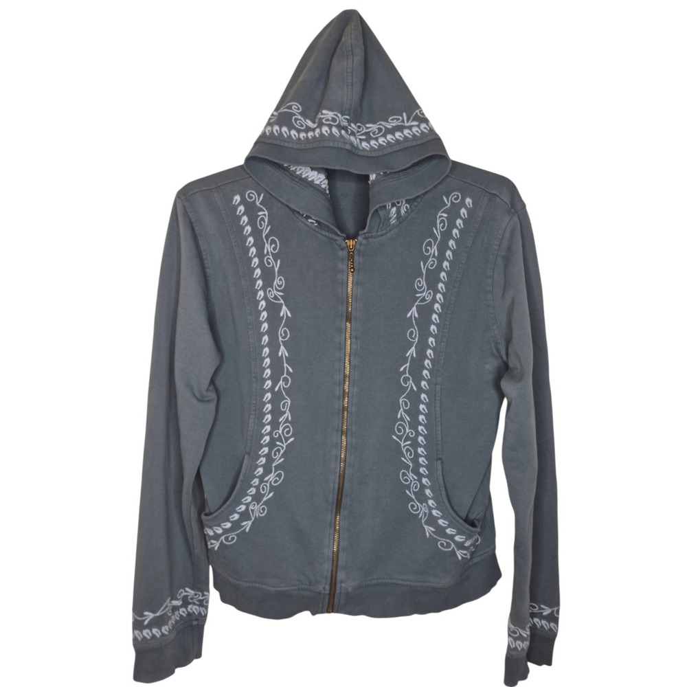 Prana Embroidered Full Zip Hoodie Sweatshirt Charcoal Blue Grey Womens XL